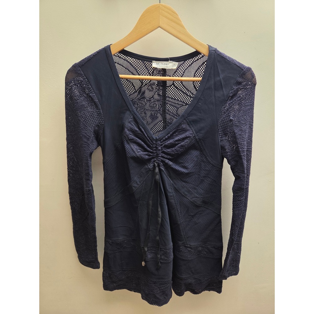 MC Planet by Innate Navy Blue Lace Mesh Mixed Media Tunic Top USA 6 T1 88229